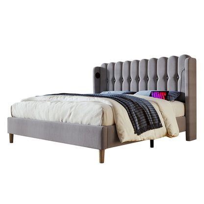 Grey upholstered double bed with wooden slatted frame, USB and Type-C ports, linen material, ideal for teen or guest bedroom.