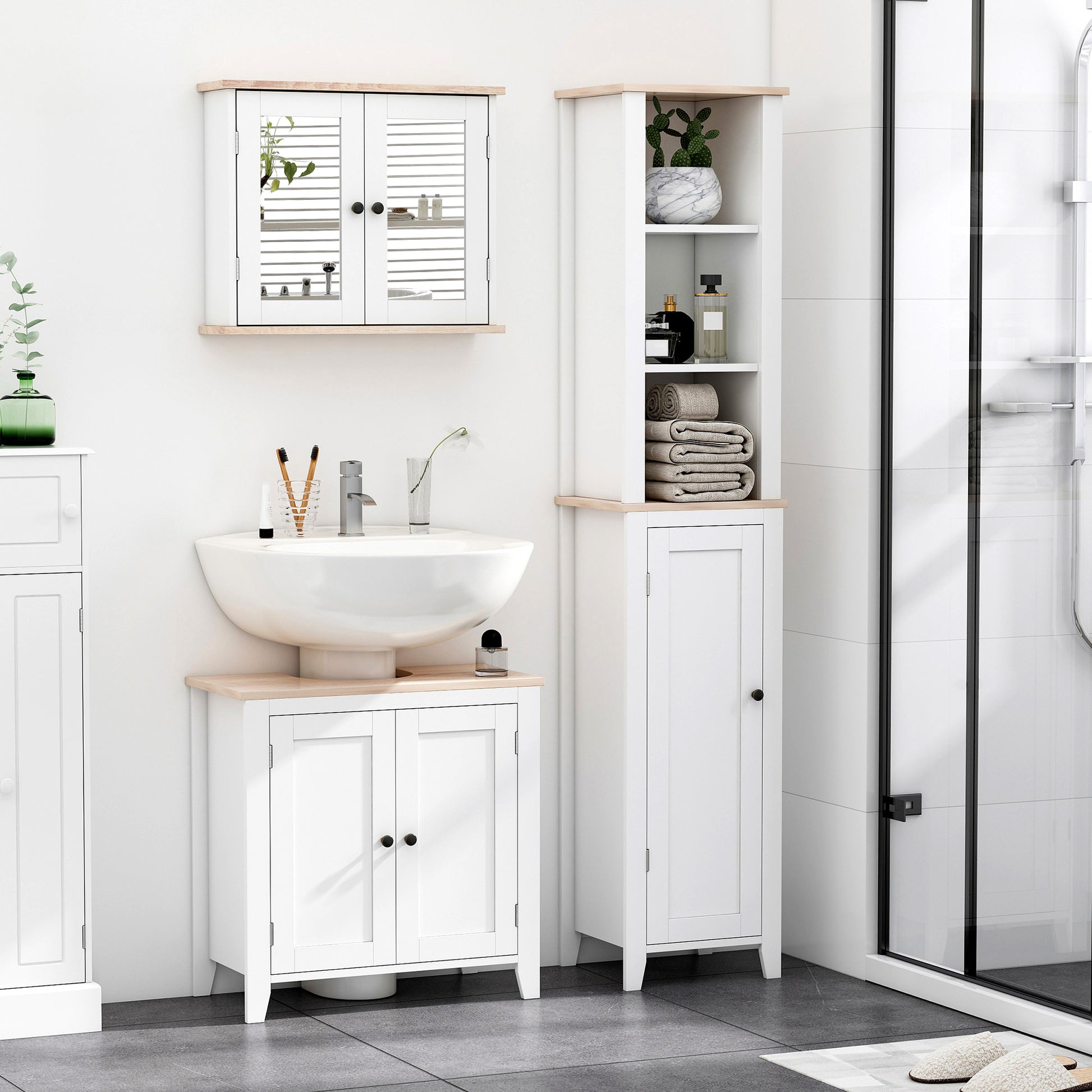 HOMCOM Kleankin bathroom furniture set with wall-mounted mirror cabinet, adjustable shelf, white and wood grain finish, and sink cabinet.