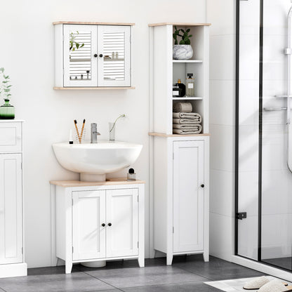 HOMCOM Kleankin bathroom furniture set with wall-mounted mirror cabinet, adjustable shelf, white and wood grain finish, and sink cabinet.