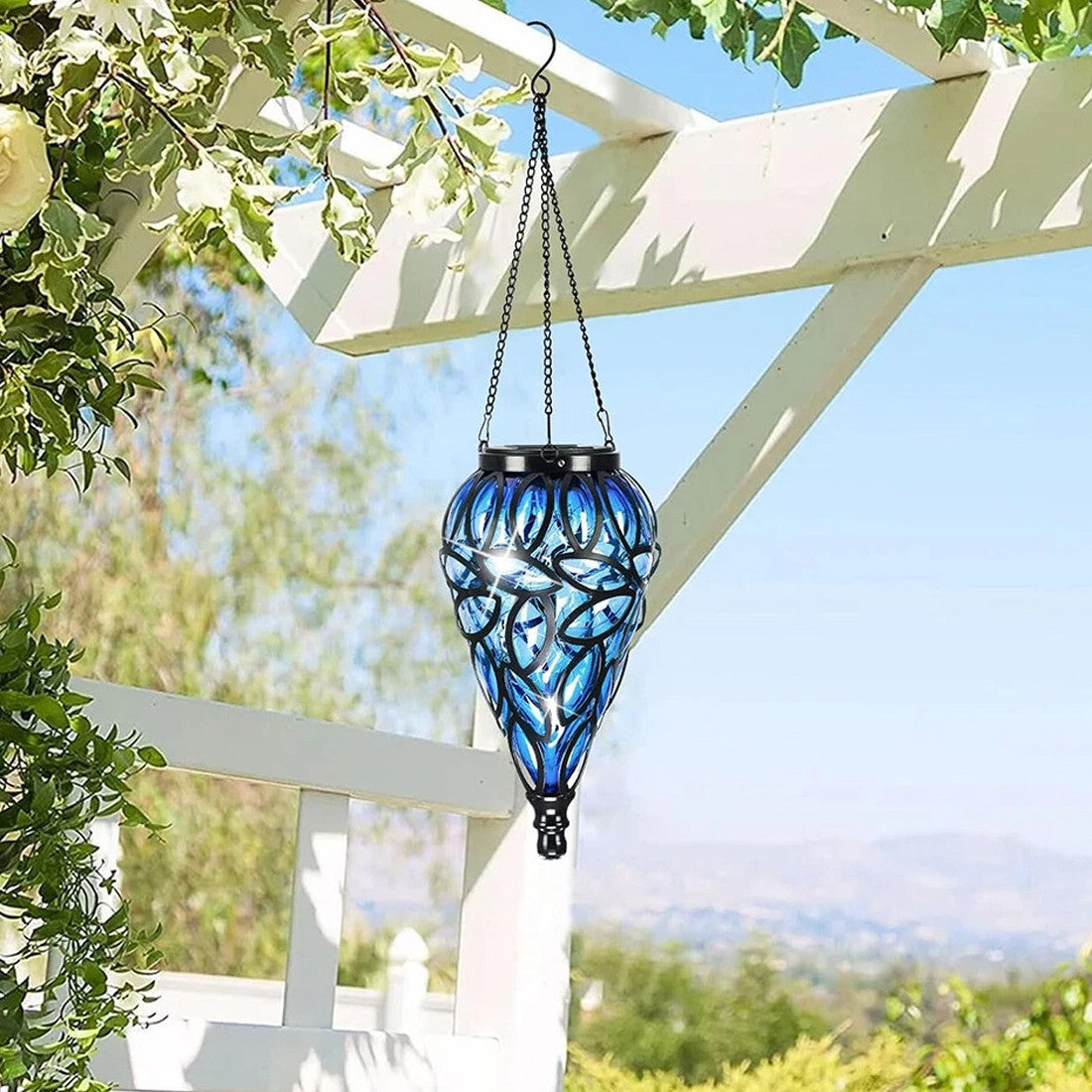HOMCOM outdoor solar-powered LED lantern hanging garden light with decorative yard illumination and warm glow.