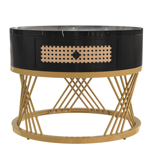 HOMCOM 2-in-1 round coffee table with marble effect surface and rattan drawer, modern living room furniture piece.