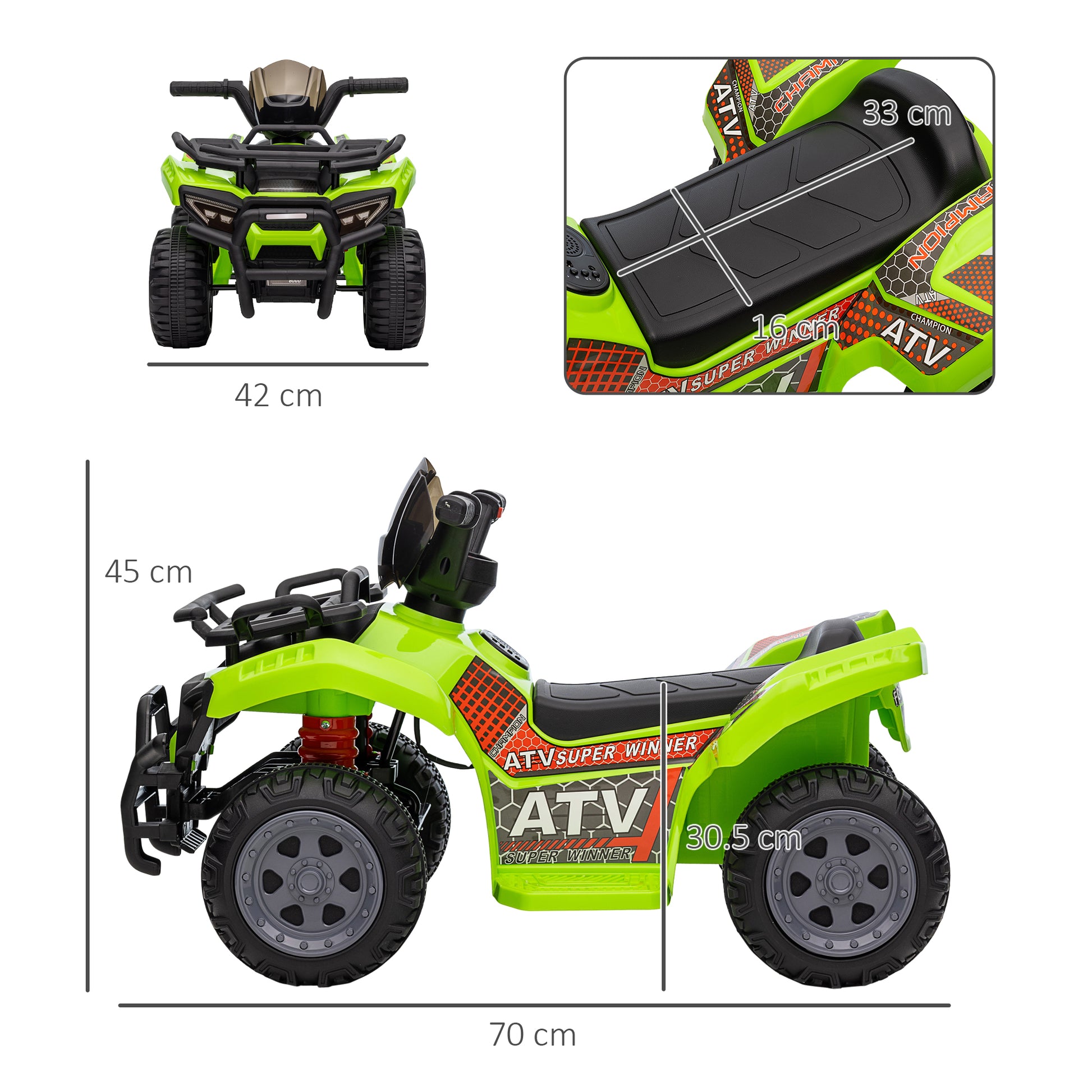 HOMCOM 6V kids electric ride-on car for toddlers, all-terrain green quad bike with music, suitable for ages 18-36 months