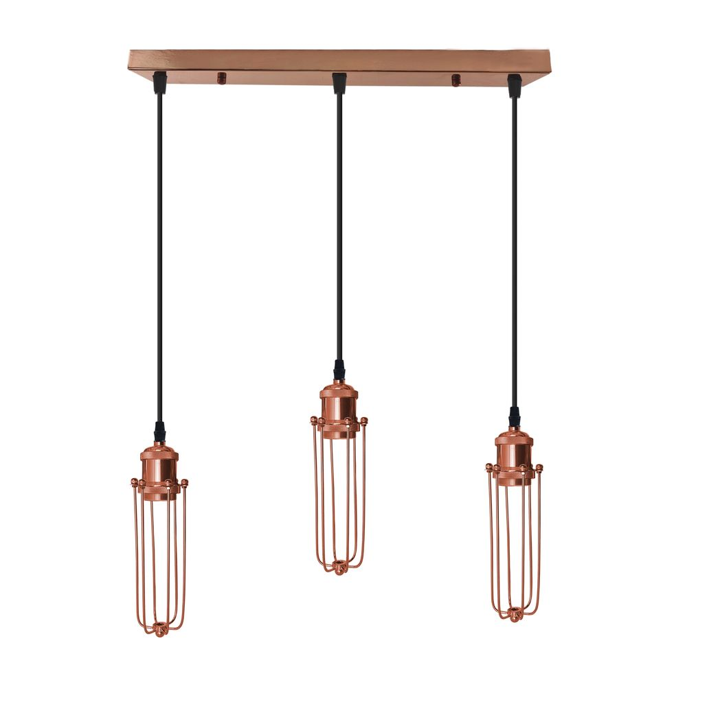 LEDSONE 3-head rectangle rose gold pendant light with wire cage, industrial vintage ceiling fixture with E27 bulbs.