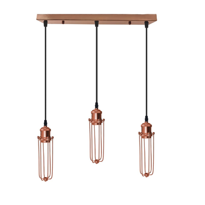 LEDSONE 3-head rectangle rose gold pendant light with wire cage, industrial vintage ceiling fixture with E27 bulbs.