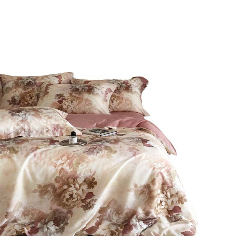 HOMCOM Flower Tencel digital printed four-piece bedding set with floral design on soft fabric for a cozy bedroom decor