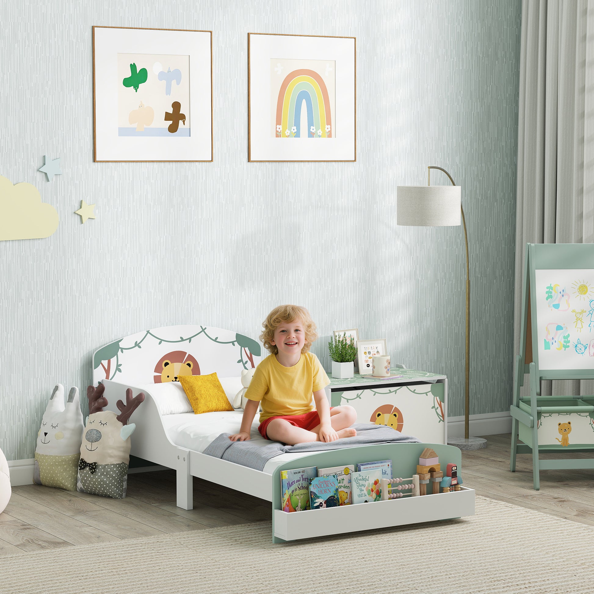 Green toddler bed with storage and lion design, guardrails, fits 140x70cm mattress, suitable for ages 3-8, by HOMCOM.