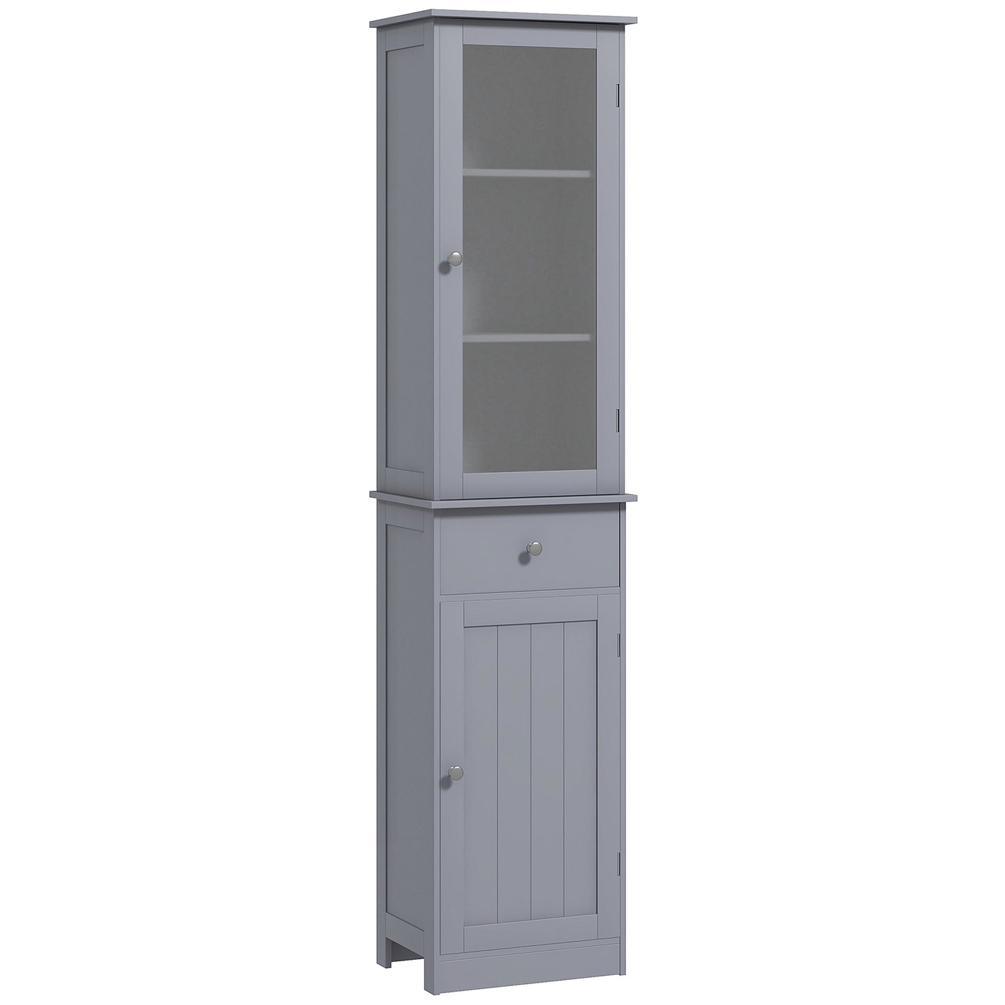 HOMCOM grey bathroom storage cabinet with 3-tier shelves, drawer, door, standing slim floor organizer for bathroom or side storage
