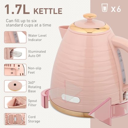 HOMCOM 3000W pink kettle and 4-slice toaster set with 7 browning controls and crumb tray, shown in a kitchen setting.