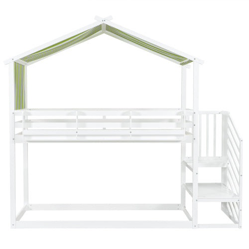 Kids Bunk Bed with Corner Staircase and Canopy – White & Green