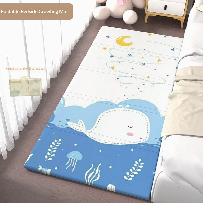 HOMCOM foldable baby crib side mat for living room protection, showing soft padding and secure edges in a cozy home setting.