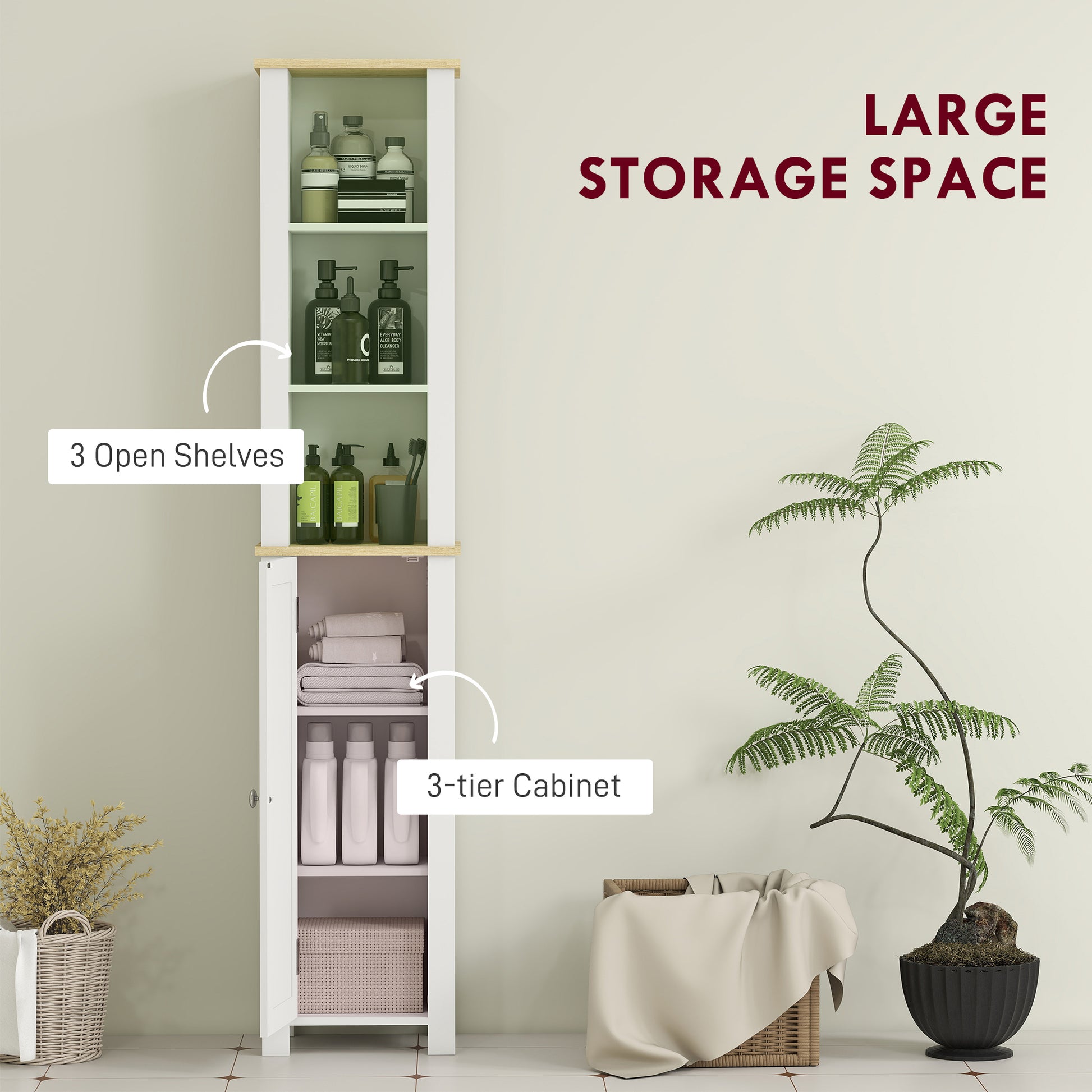 HOMCOM Kleankin slim white bathroom storage cabinet with open compartment and adjustable shelf, measuring 34x23x165 cm.