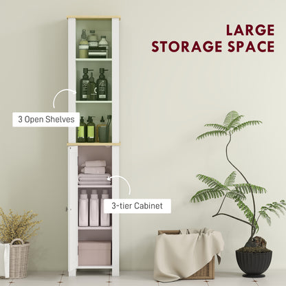 HOMCOM Kleankin slim white bathroom storage cabinet with open compartment and adjustable shelf, measuring 34x23x165 cm.