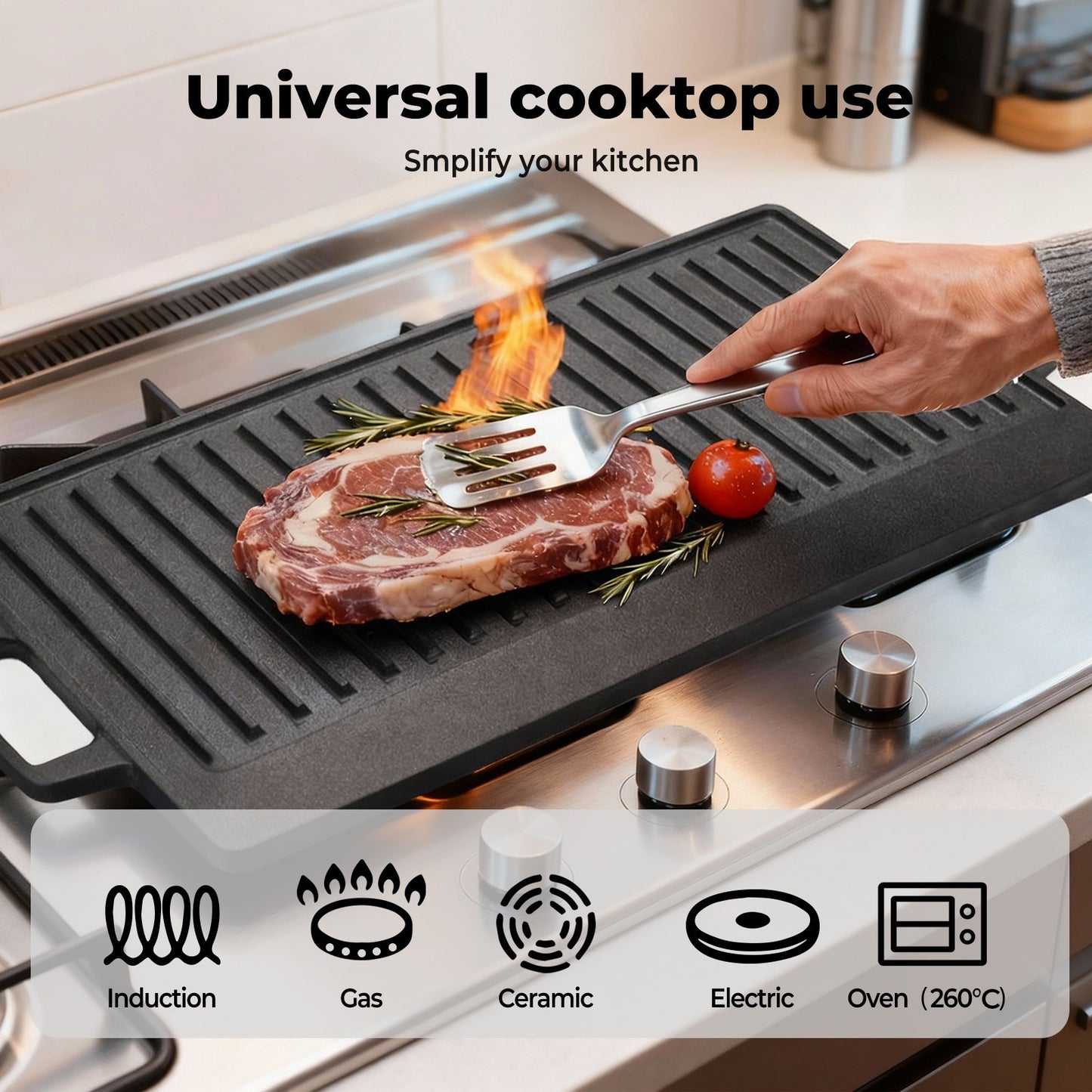 Reversible cast iron grill skillet pan with non-stick surface, 49.5cm BBQ griddle plate by Livoshop.