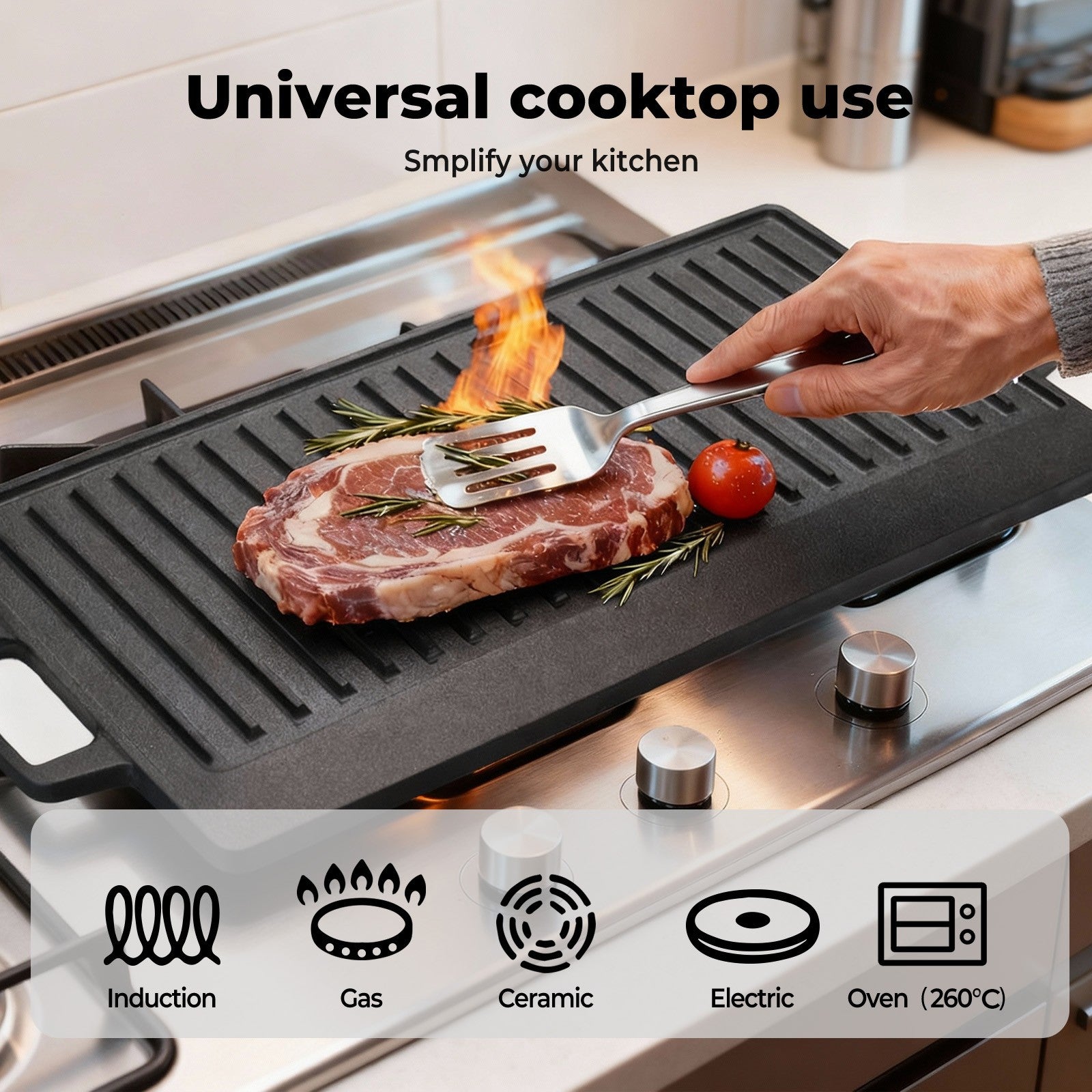 Reversible cast iron grill skillet pan with non-stick surface, 49.5cm BBQ griddle plate by Livoshop.