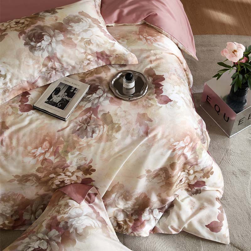 HOMCOM flower Tencel digital printed four-piece bedding set with colorful floral design on soft fabric.