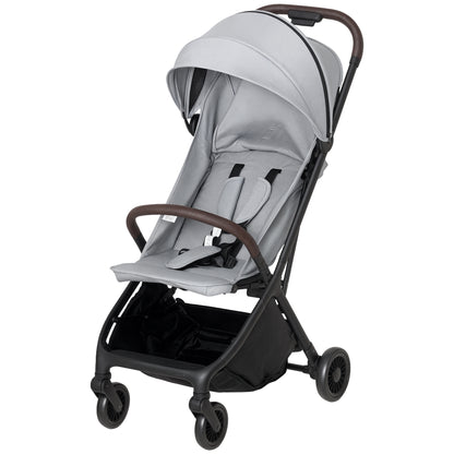 Light grey HOMCOM foldable baby stroller with adjustable seat, canopy, 5-point harness, basket, lightweight and compact design.