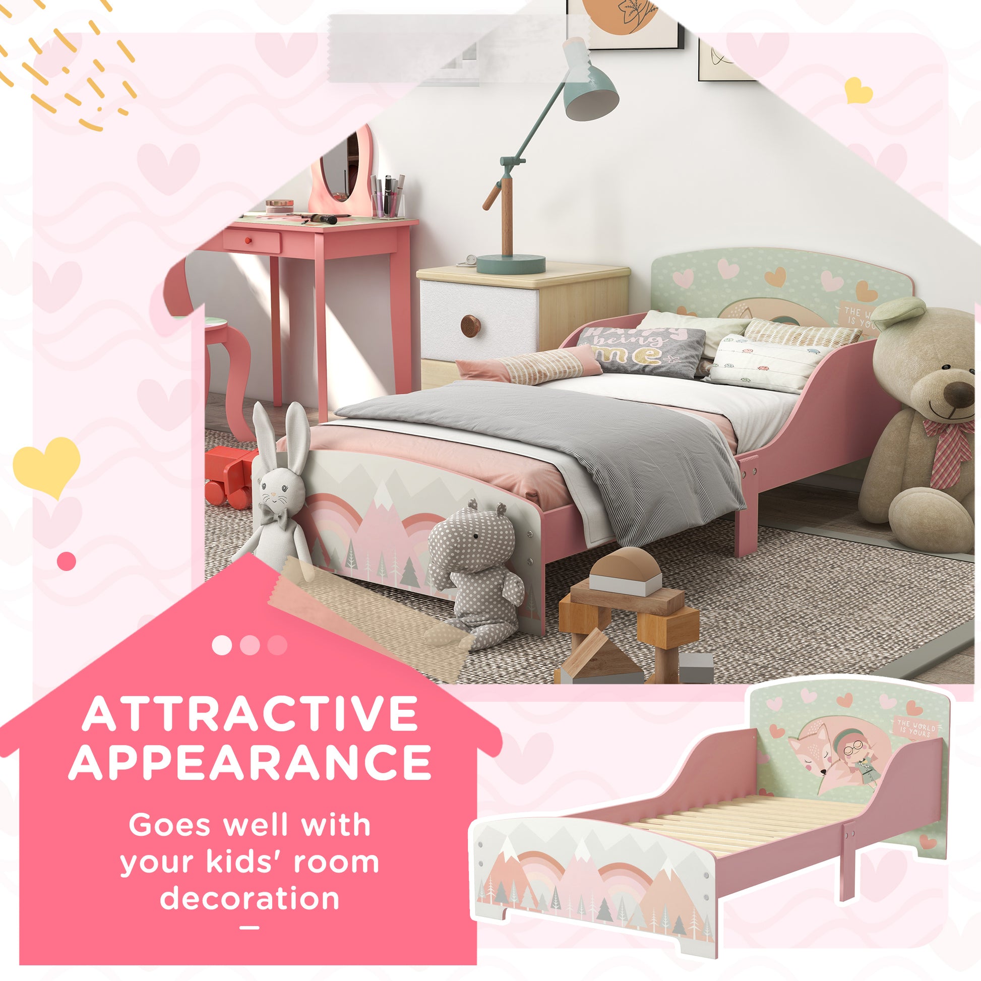 HOMCOM ZONEKIZ toddler bed frame in pink, kids bedroom furniture for ages 3-6, with a sturdy wooden design and child-friendly features.