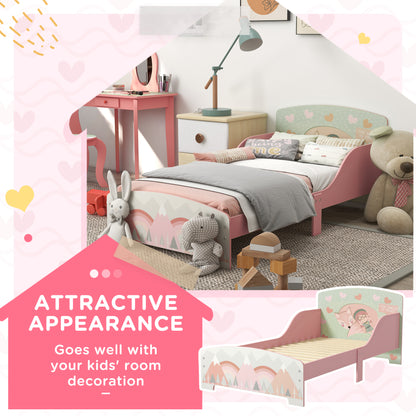 HOMCOM ZONEKIZ toddler bed frame in pink, kids bedroom furniture for ages 3-6, with a sturdy wooden design and child-friendly features.