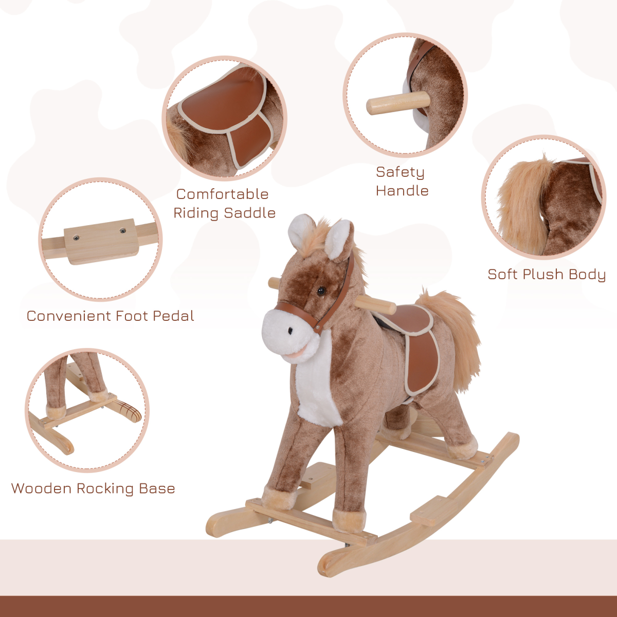 Wooden plush kids rocking horse by HOMCOM, designed for children age 3, featuring a sturdy wooden frame and soft plush details.