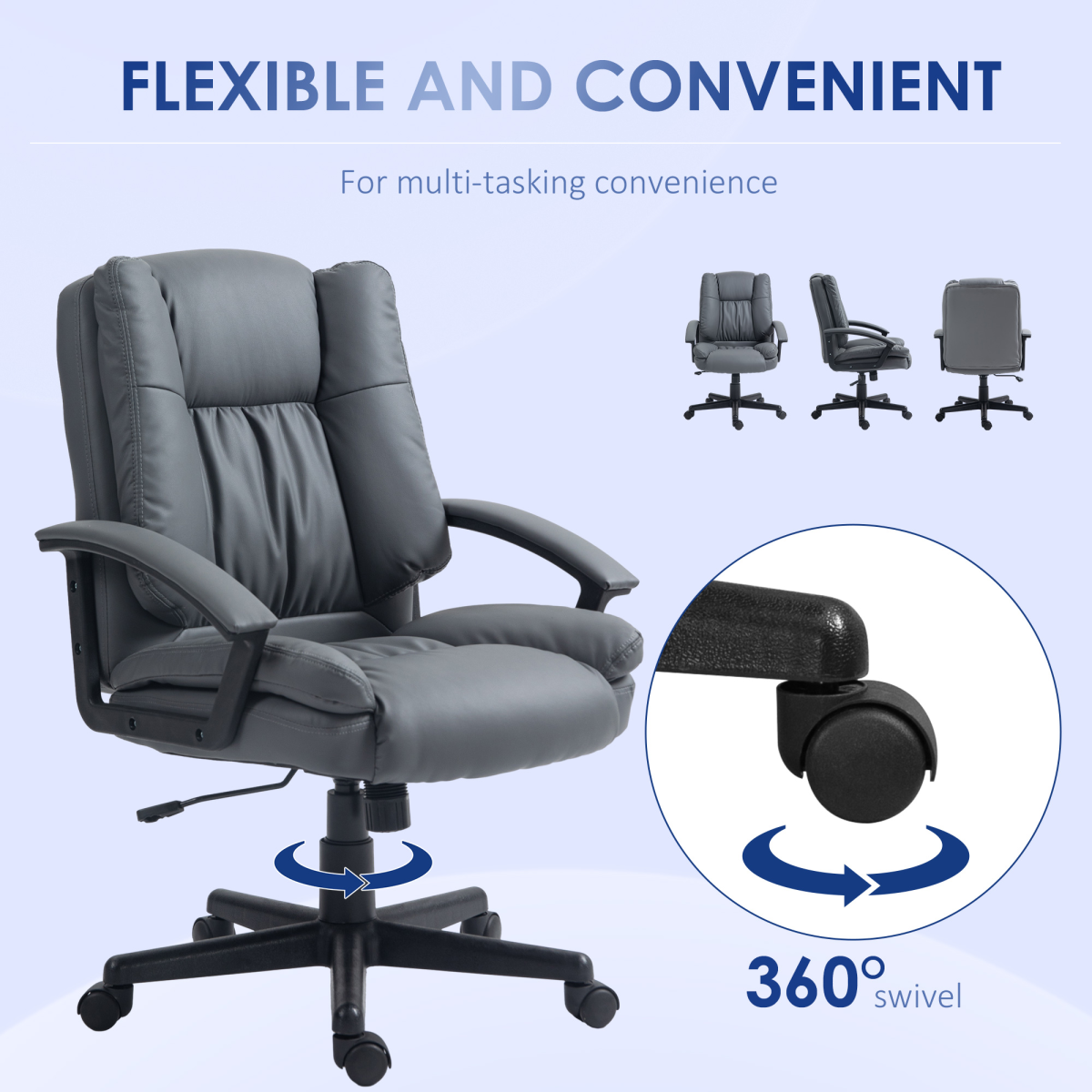 HOMCOM faux leather mid-back home office chair with armrests, dark grey color, ergonomic design for comfortable desk seating.