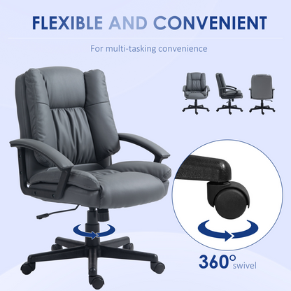 HOMCOM faux leather mid-back home office chair with armrests, dark grey color, ergonomic design for comfortable desk seating.