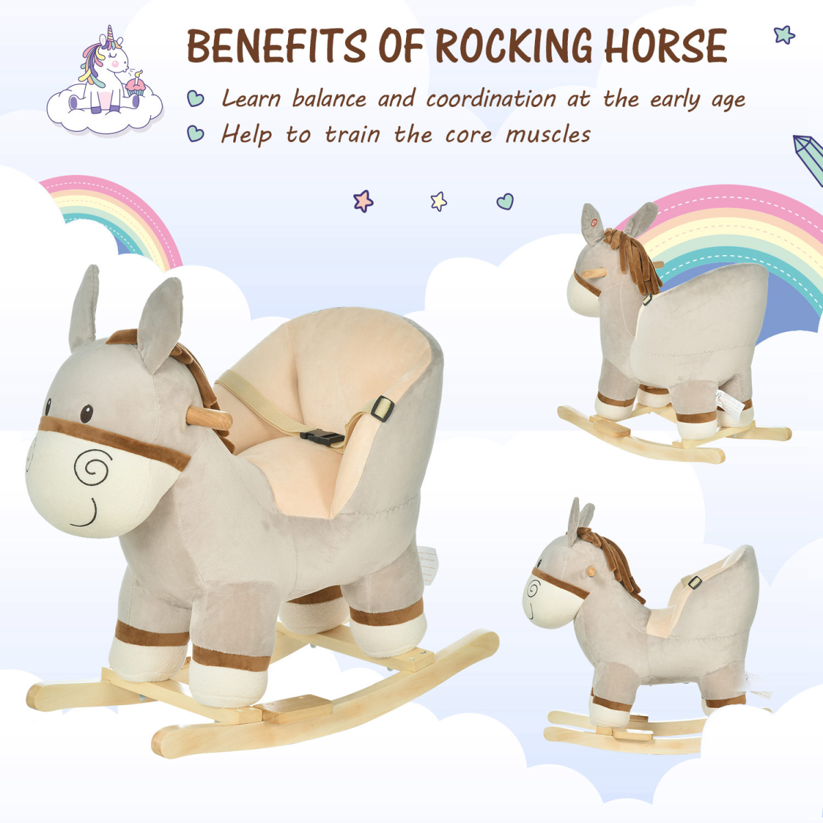Kids ride-on rocking donkey with plush body, sound features, handlebars, seat belt, suitable for children, unbranded.