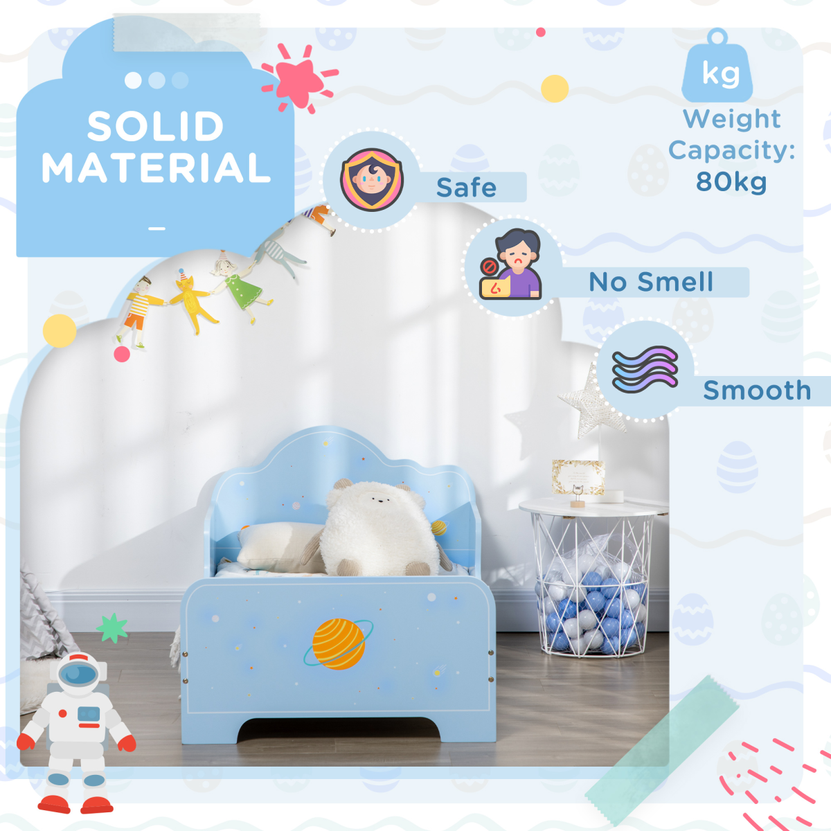 ZoneKiz toddler bed with space-themed patterns, featuring colorful stars and planets, designed for boys and girls aged 3-6 years.