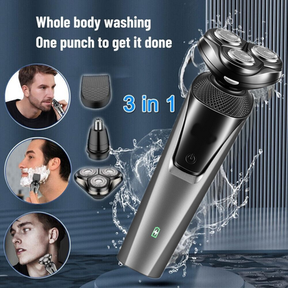 USB rechargeable 3-in-1 men's beard and nose hair trimmer with multiple attachments for grooming and shaving.
