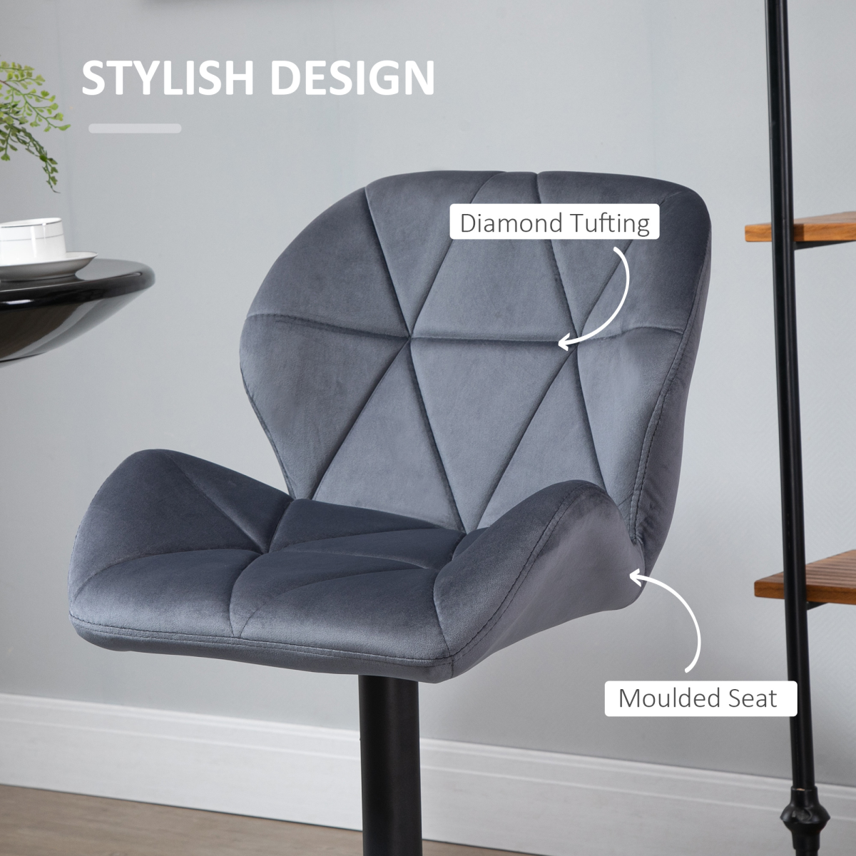 Set of two HOMCOM fabric bar stools with adjustable height, dark grey upholstery and modern design for counter seating.