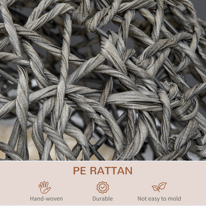 Gray rattan cat house with cushion, elevated pet bed by PawHut, featuring a silver-tone woven kitten basket and cozy interior.