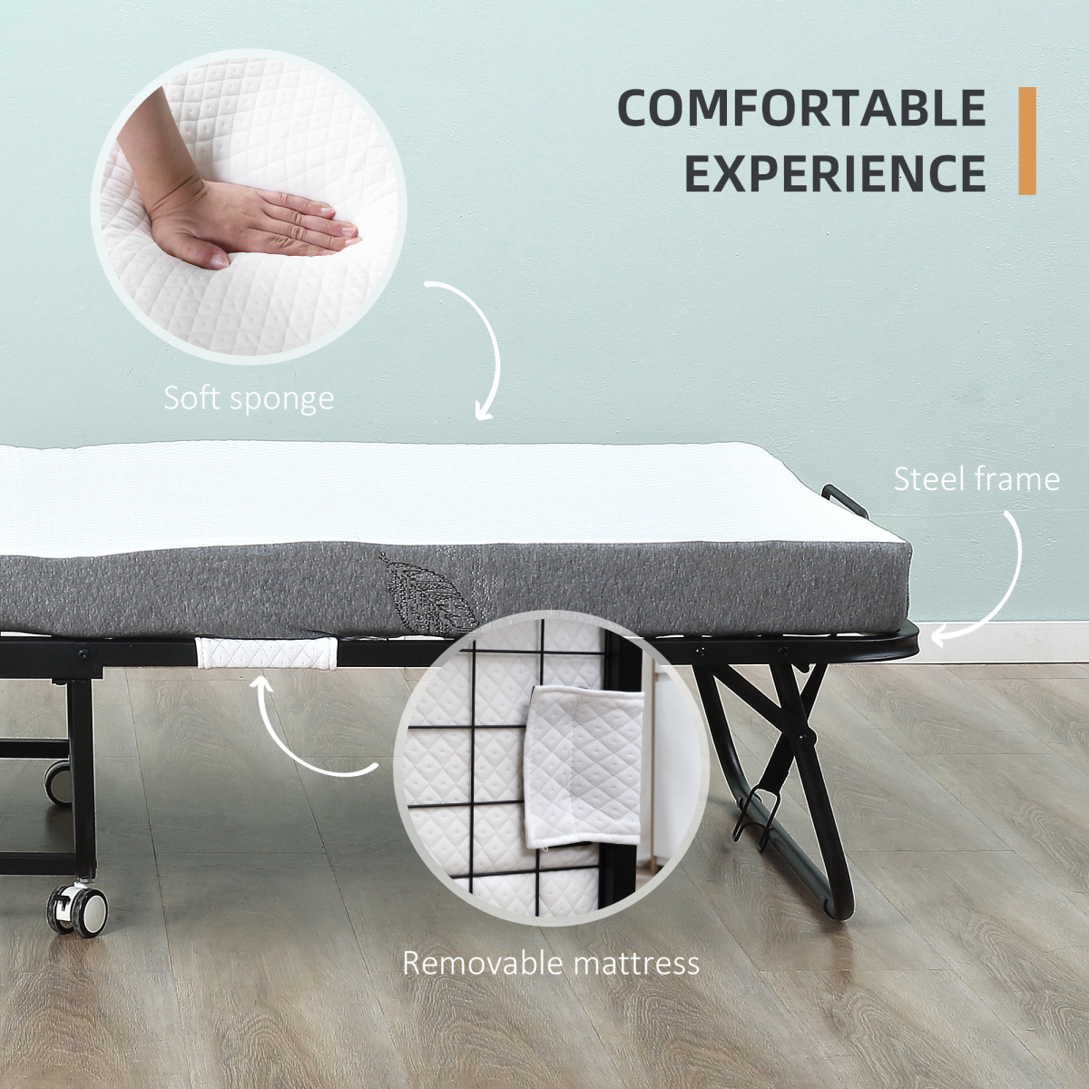 HOMCOM folding portable guest bed with metal frame and 10cm mattress, compact and easy to fold for convenient guest sleeping solutions.