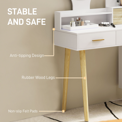 Dressing Table with Mirror, Vanity Table with LED Lights, White
