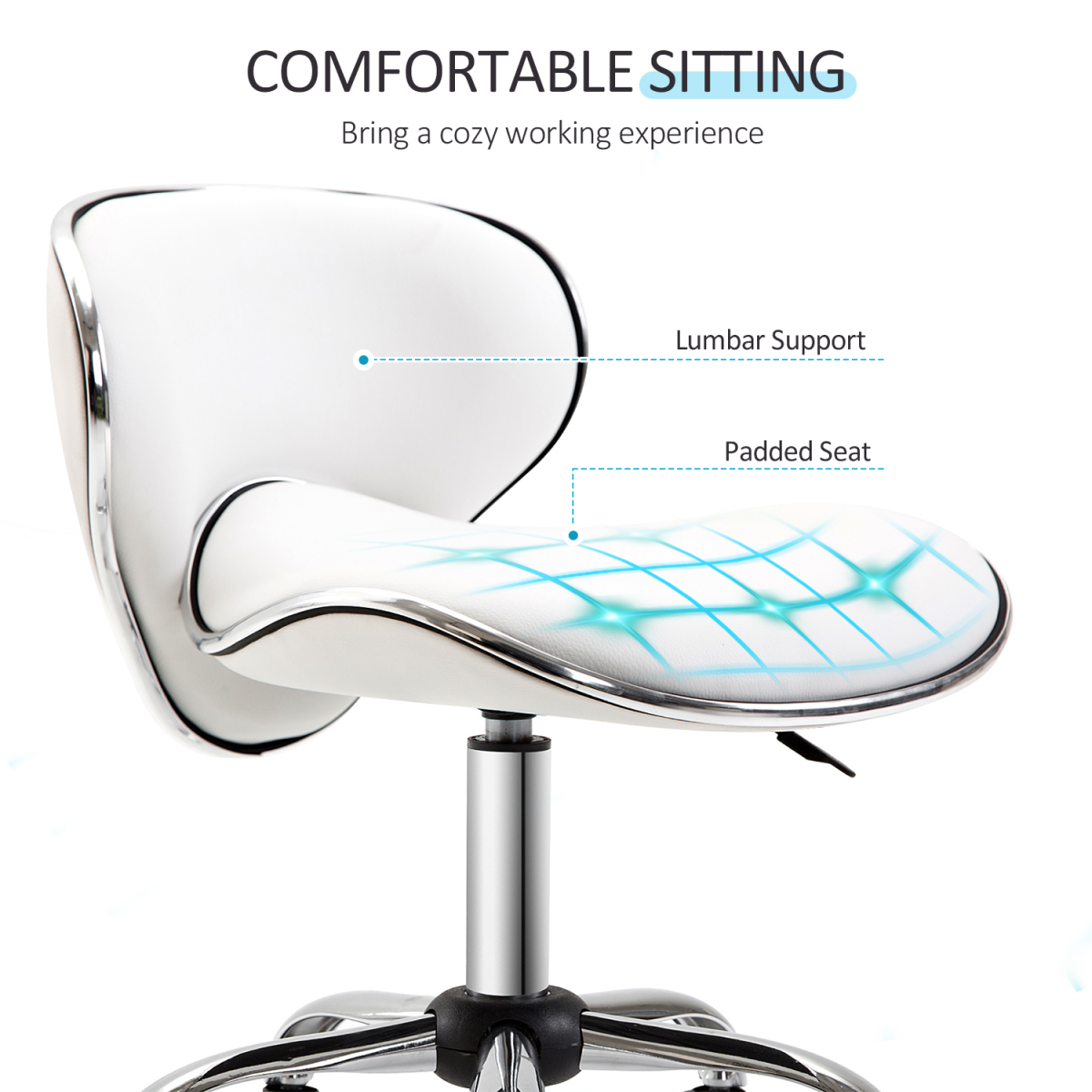 White HOMCOM office salon stool with a low back and rolling caster wheels, designed for beauty salon technician use.