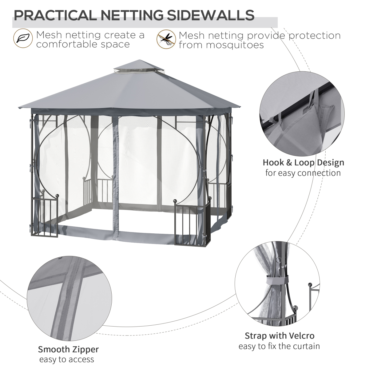 Light grey 3x3m gazebo party tent canopy for patio and garden outdoor shade, outdoorsy and easy to set up.