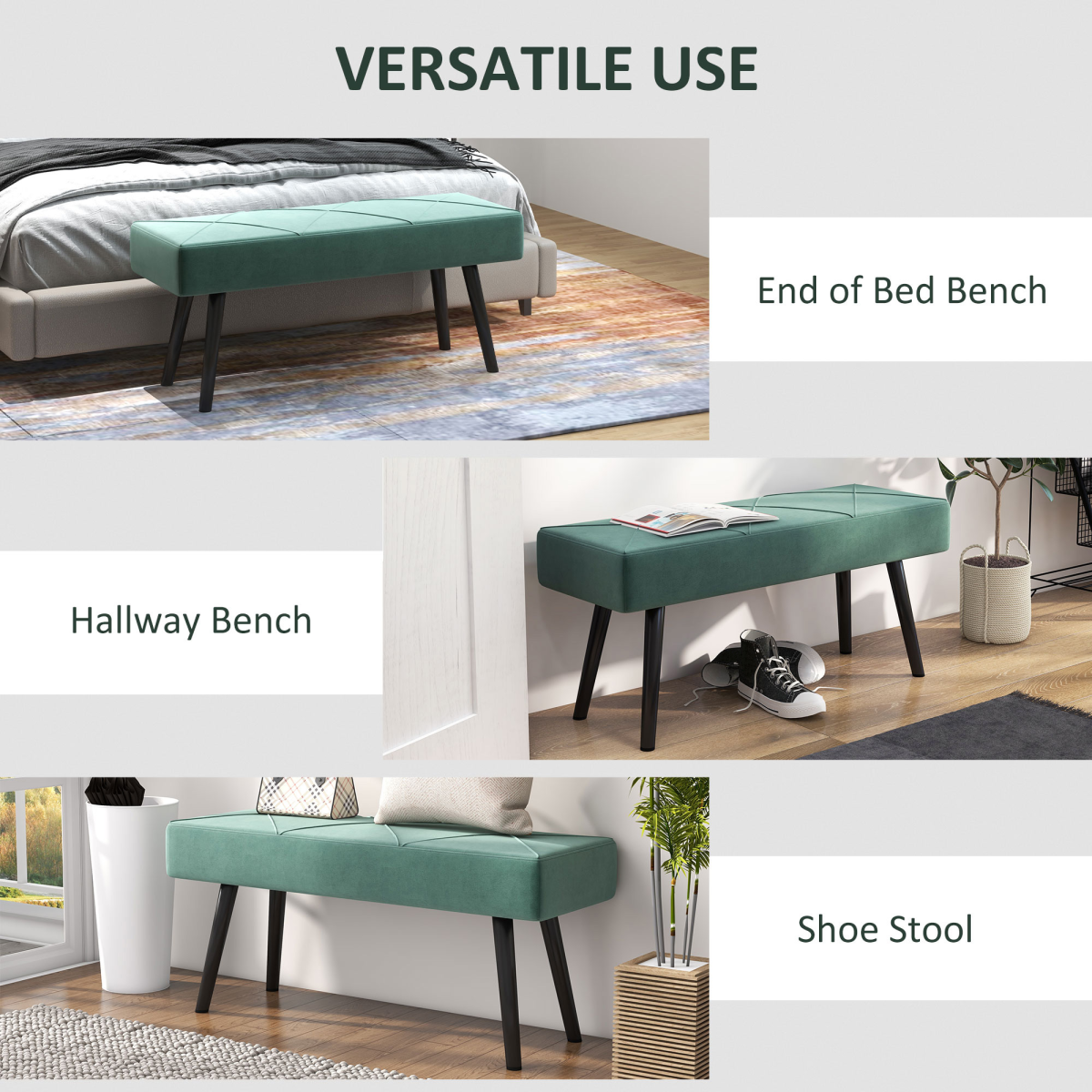 Upholstered green end of bed bench with steel legs, ideal for hallway or bedroom seating by HOMCOM.
