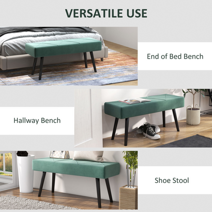 Upholstered green end of bed bench with steel legs, ideal for hallway or bedroom seating by HOMCOM.