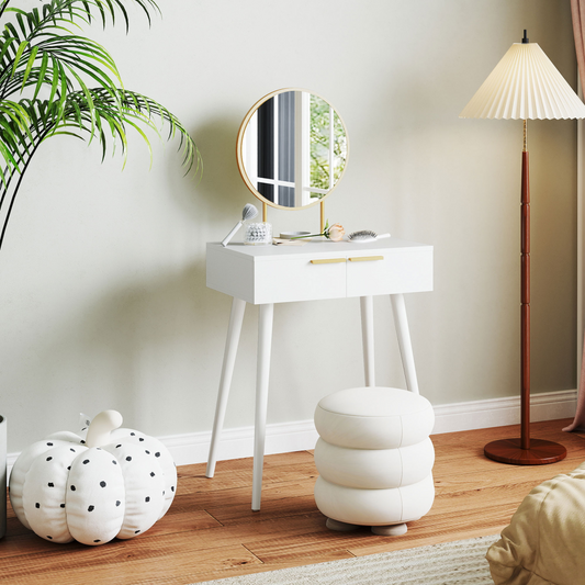HOMCOM modern white dressing table with two drawers and round mirror, ideal for bedroom storage and grooming space.