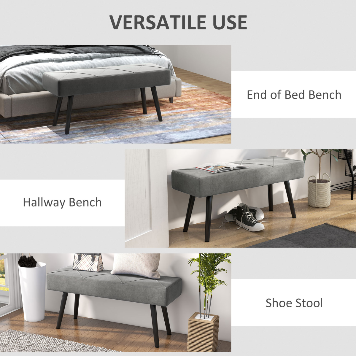 End of Bed Bench, Upholstered Hallway Bedroom with Steel Legs, Grey