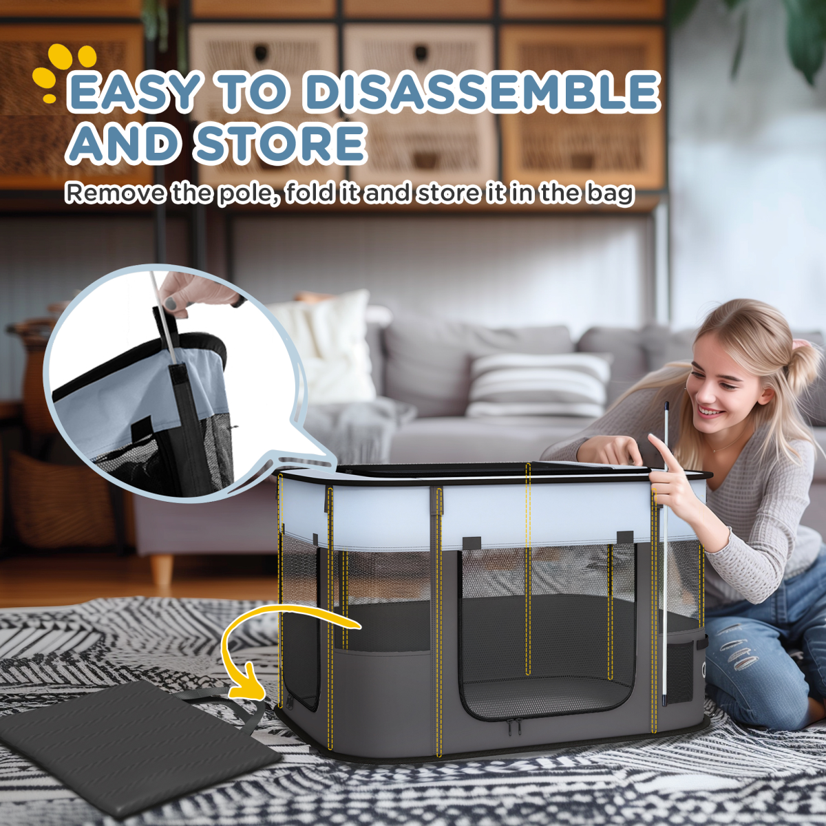 Grey portable dog pen by PawHut with mesh sides, suitable for puppies, rabbits, kittens, and guinea pigs, provides a safe outdoor enclosure.
