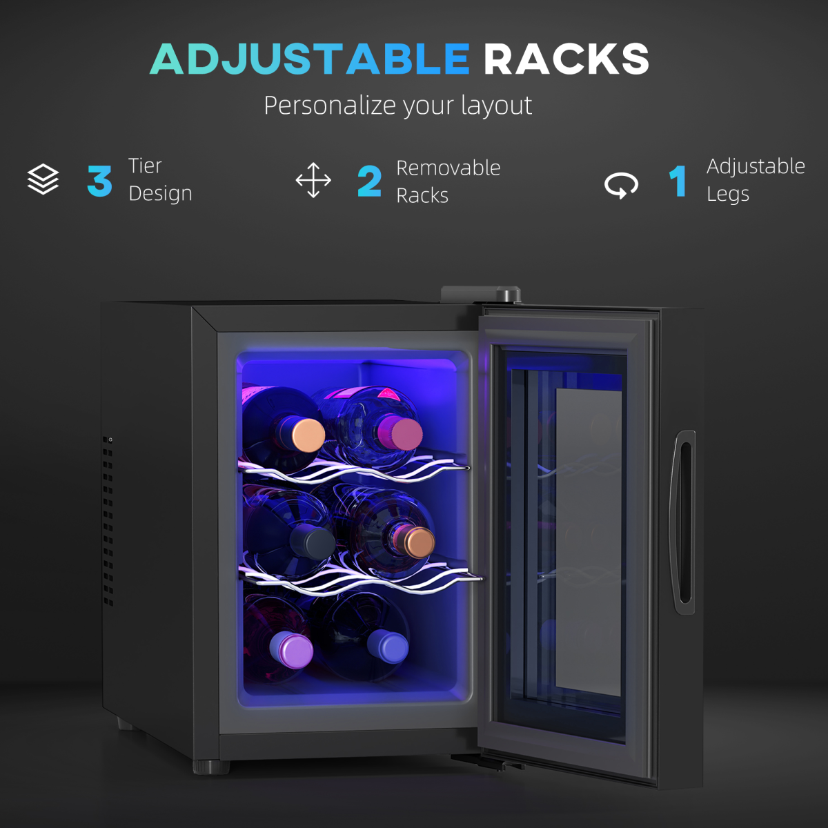 HOMCOM mini beer and wine fridge with glass door and touch screen, holds 6 bottles for convenient beverage storage.