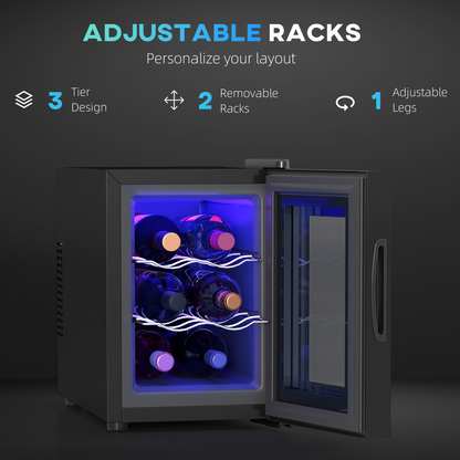 HOMCOM mini beer and wine fridge with glass door and touch screen, holds 6 bottles for convenient beverage storage.