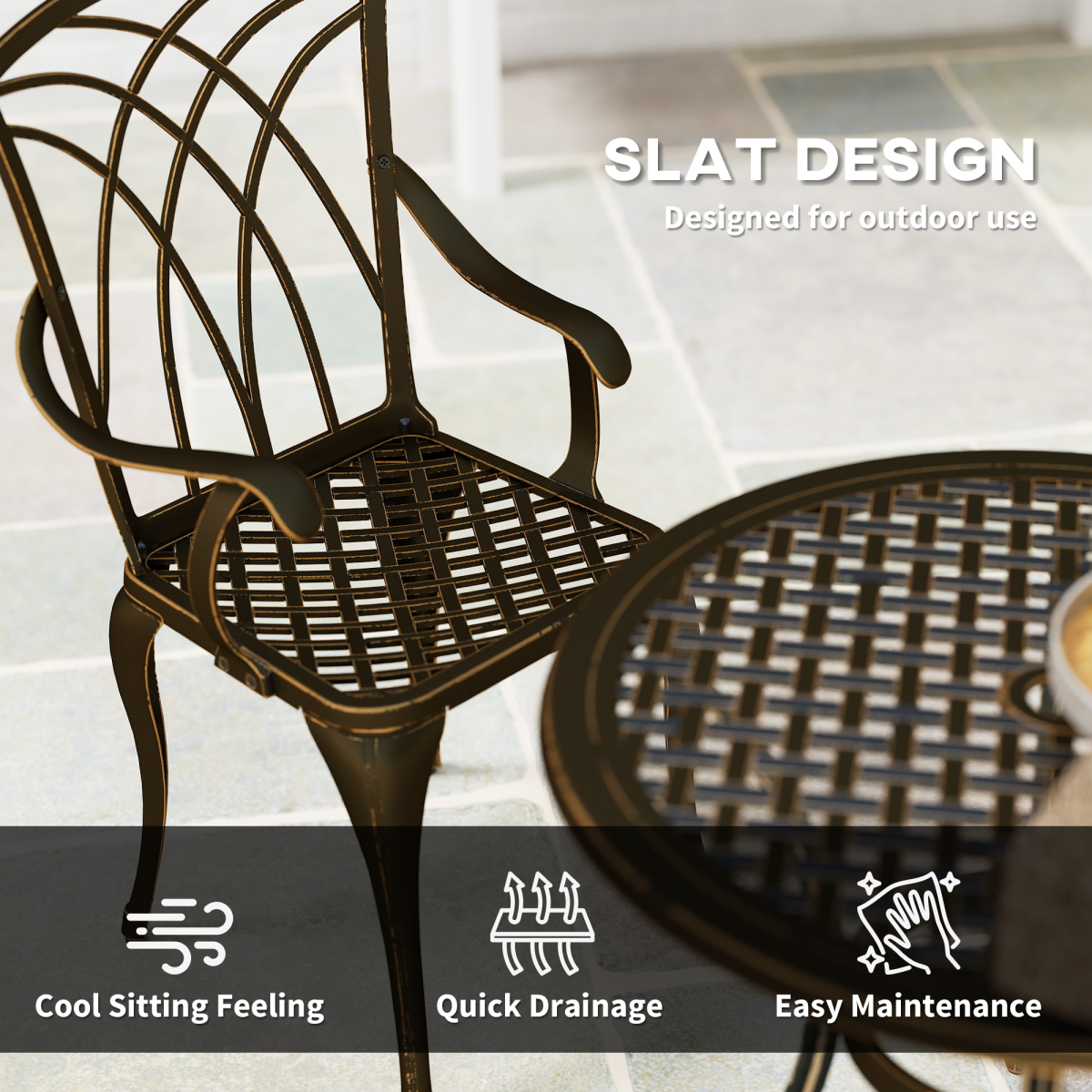 Outsunny 5-piece garden dining set with bronze-tone metal table and chairs, outdoor furniture for patio or garden dining.
