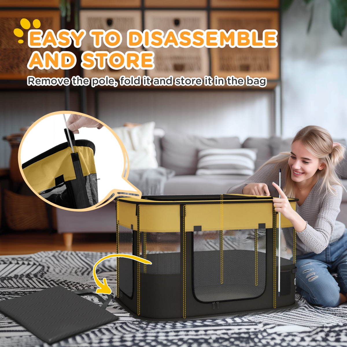 Yellow portable dog pen for puppies, rabbits, kittens, and guinea pigs by PawHut, with mesh sides and secure frame.