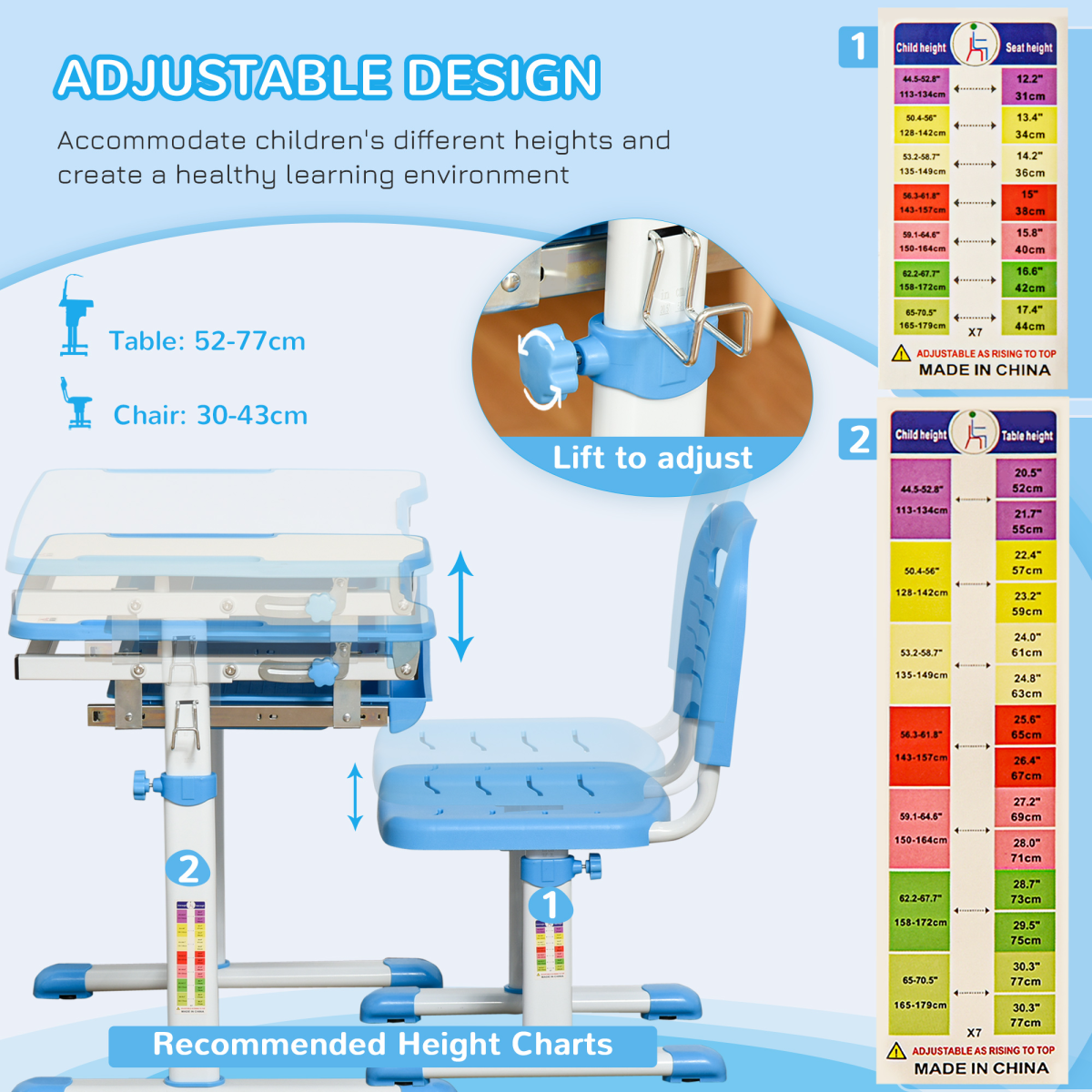 Kids desk and chair set with adjustable tiltable surface, drawer, pen slot, and hook, designed for children’s study space.