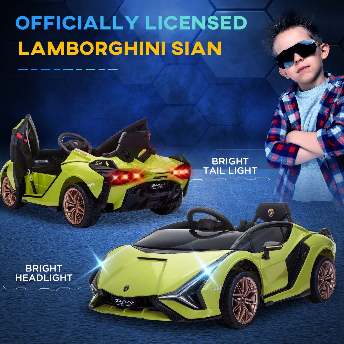 Lamborghini SIAN 12V kids electric ride-on car with remote control, featuring sleek yellow body and realistic car details.