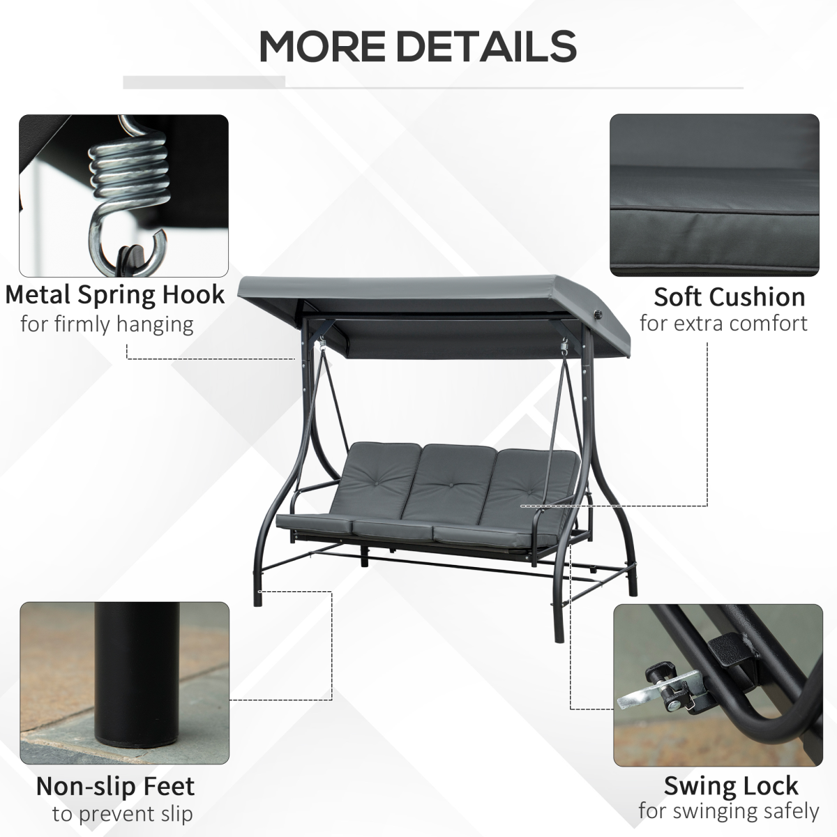 Outsunny 3-seater canopy swing chair with dark grey fabric, porch hammock bed, and rocking bench for outdoor relaxation.