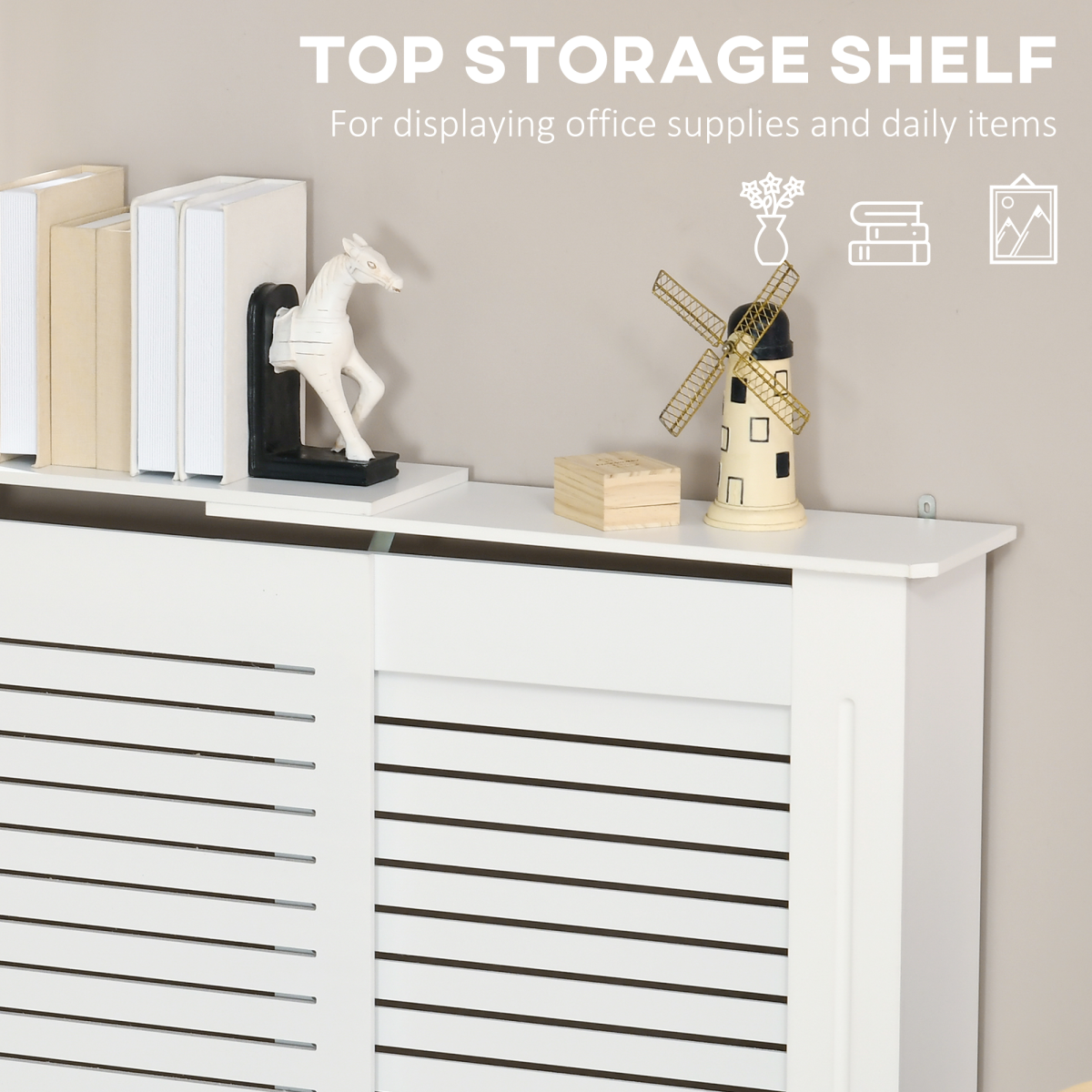 Set of 2 radiator covers with slatted cabinet panels designed for home heating units, providing a stylish and functional cover.