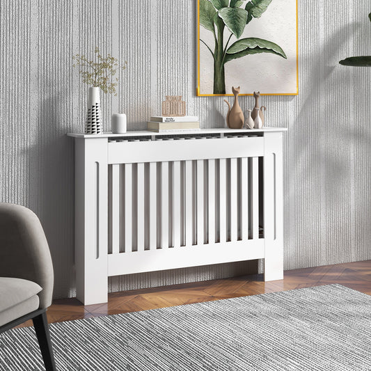 White MDF slatted radiator cover with cabinet design and grill, measuring 112x19x81 cm, by HOMCOM.