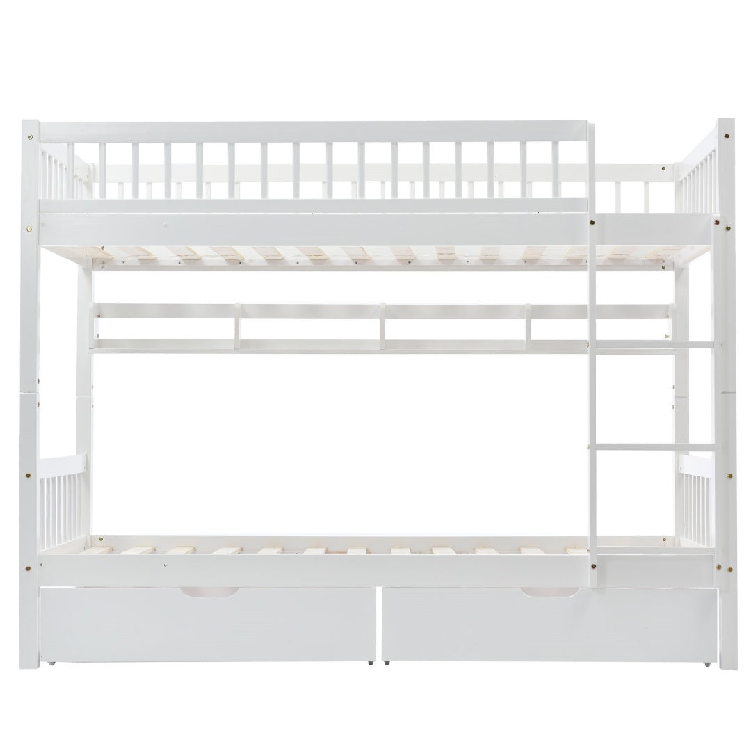 HOMCOM white bunk bed for kids with solid pine wood frame, under bed slide drawer storage, shelf, and 90x190cm size