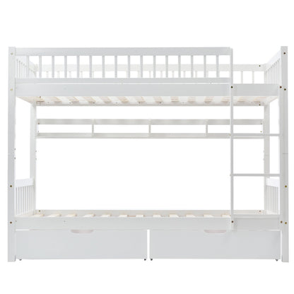 HOMCOM white bunk bed for kids with solid pine wood frame, under bed slide drawer storage, shelf, and 90x190cm size